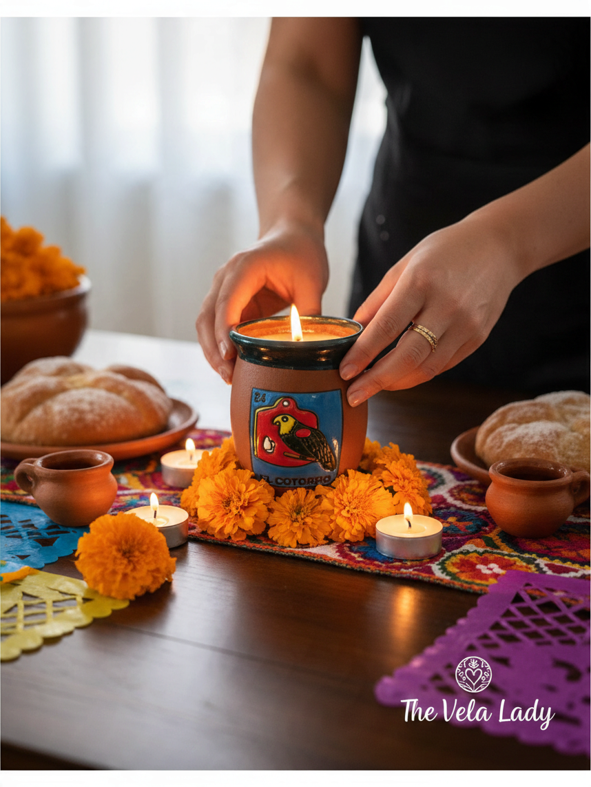 The Vela Lady El Cotorro Loteria candle in a handmade Mexican barro cantarito vessel surrounded by marigold flowers.