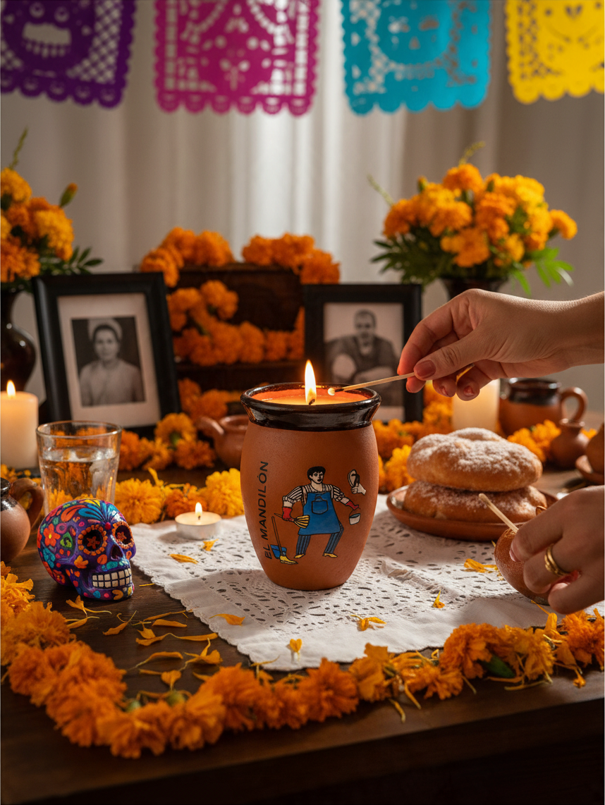 The Vela Lady El Mandilon soy candle in a handmade Mexican barro cantarito vessel on a marigold-decorated altar.