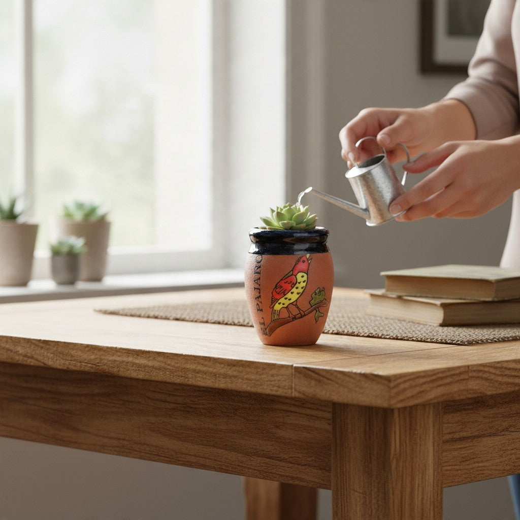 The Vela Lady El Pajaro Cantarito candle vessel repurposed as a small succulent planter on a wooden table.
