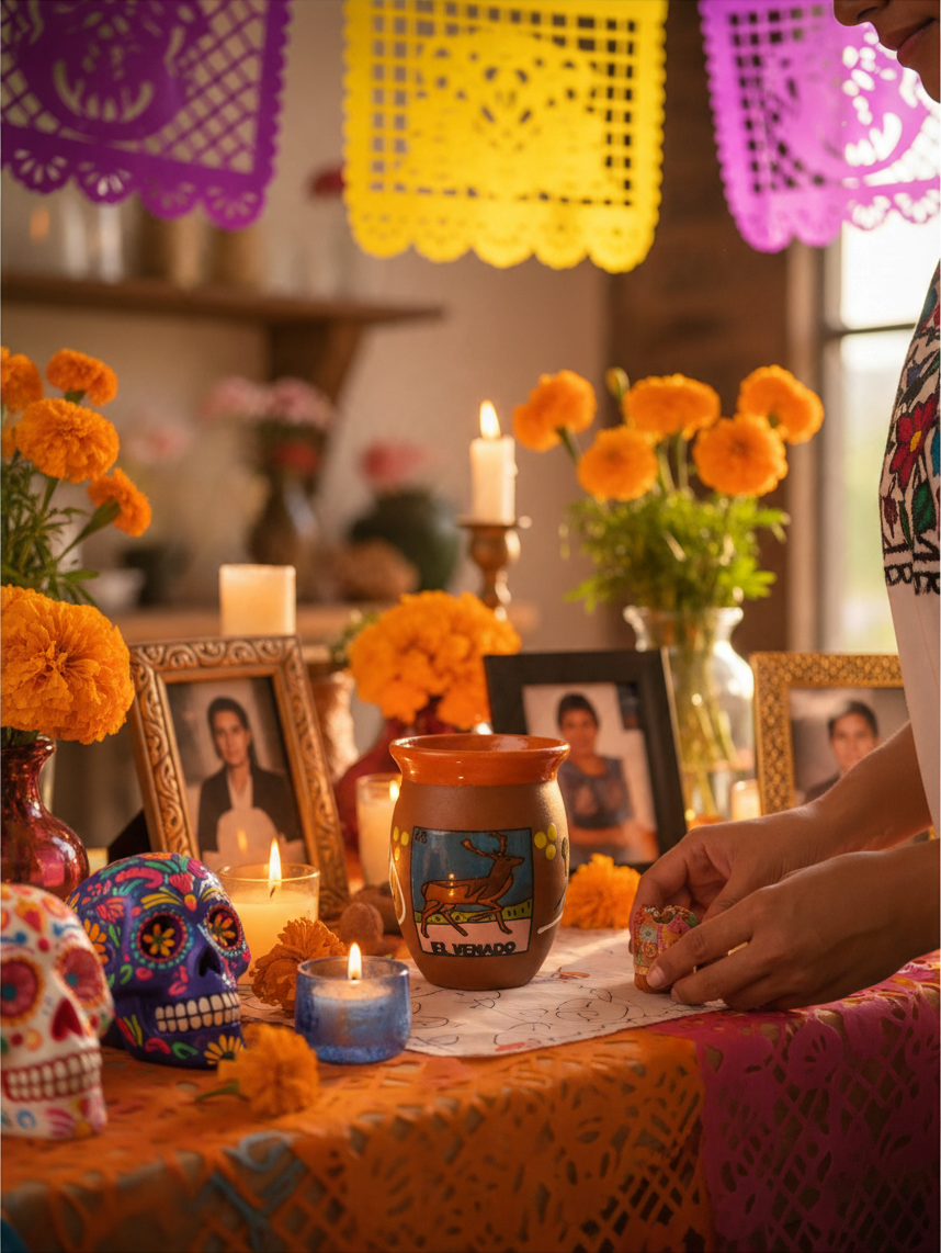 The Vela Lady El Venado Loteria cantarito candle on a festive altar with marigolds, sugar skulls, and papel picado.