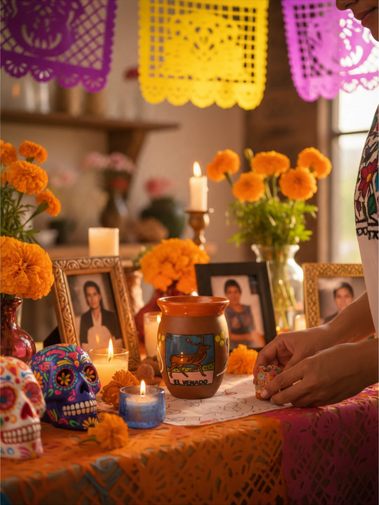 The Vela Lady El Venado Loteria cantarito candle on a festive altar with marigolds, sugar skulls, and papel picado.