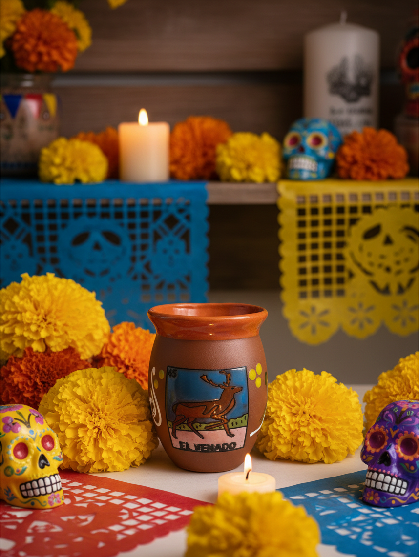 The Vela Lady El Venado Loteria cantarito soy candle surrounded by marigold flowers and decorative sugar skulls.