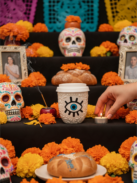 The Vela Lady Buenas Vibras white Talavera tumbler candle with an evil eye design on an altar with marigolds and skulls.