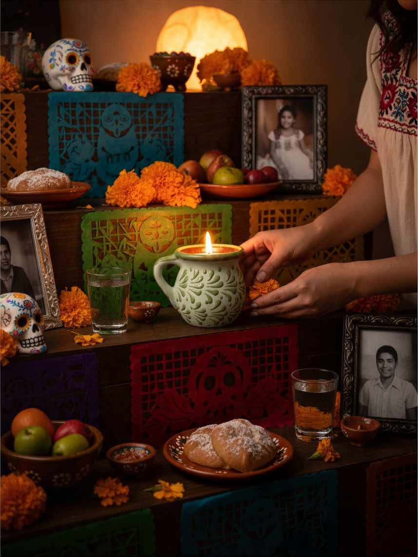 The Vela Lady green handmade Mexican barro mug candle on a traditional Dia de los Muertos altar with marigold flowers.