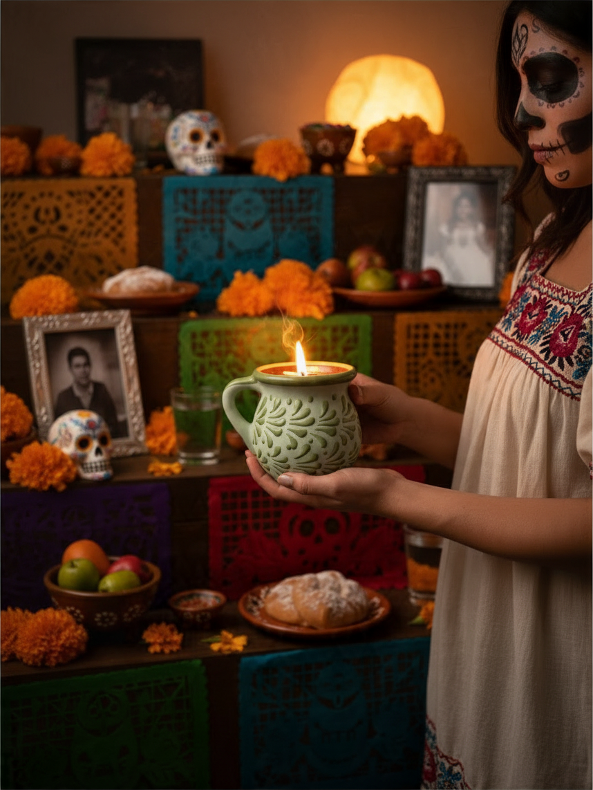 The Vela Lady green handmade Mexican barro mug candle held by a woman in Day of the Dead makeup at an altar