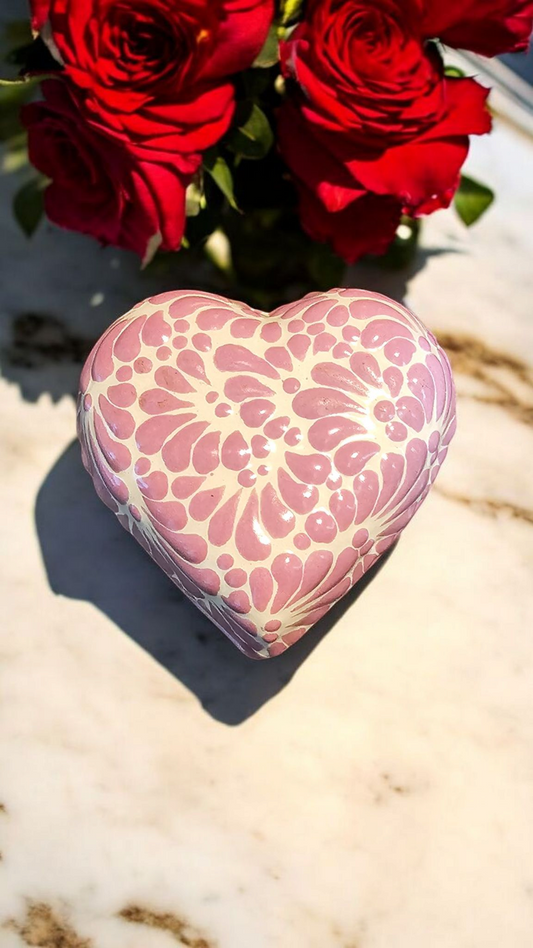 The Vela Lady heart-shaped Talavera ceramic candle holder with purple floral patterns on a white background.