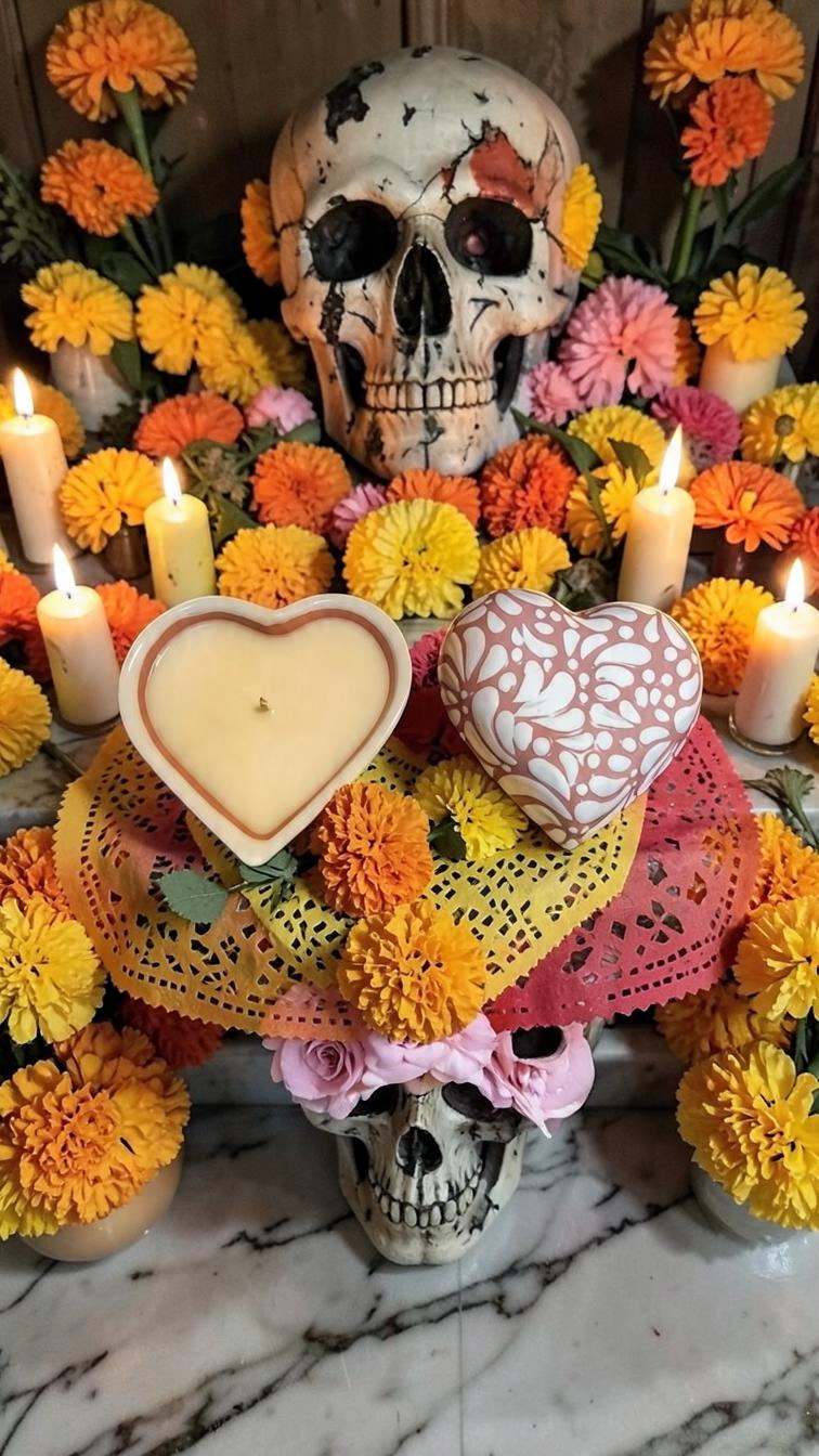 The Vela Lady heart-shaped Talavera candle in white and pink, displayed on a Day of the Dead altar with marigolds.