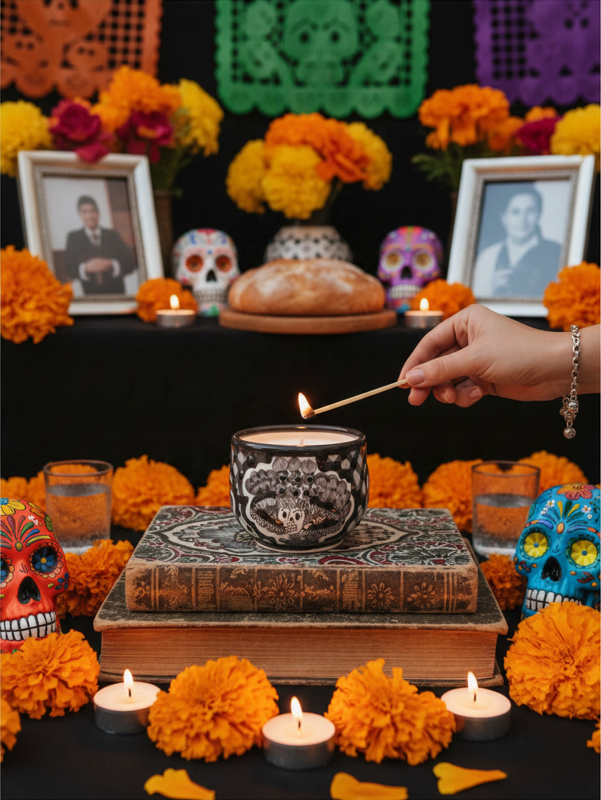 The Vela Lady La Catrina Talavera candle being lit on a traditional Dia de los Muertos altar with marigolds and skulls