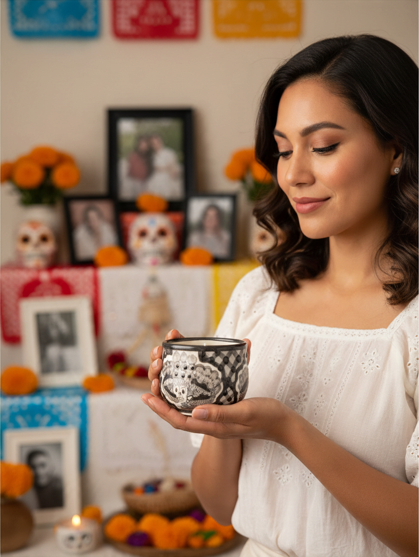 The Vela Lady La Catrina Talavera mug candle held by a woman in front of a traditional Day of the Dead ofrenda altar.