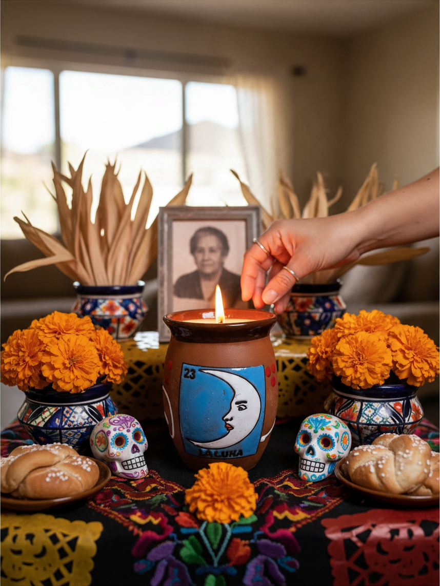 The Vela Lady La Luna Cantarito soy candle in handmade Mexican barro pottery on a festive altar with marigolds.