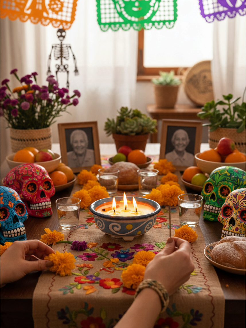 The Vela Lady light blue handmade barro salsa bowl candle with three wicks on a festive Dia de los Muertos table.