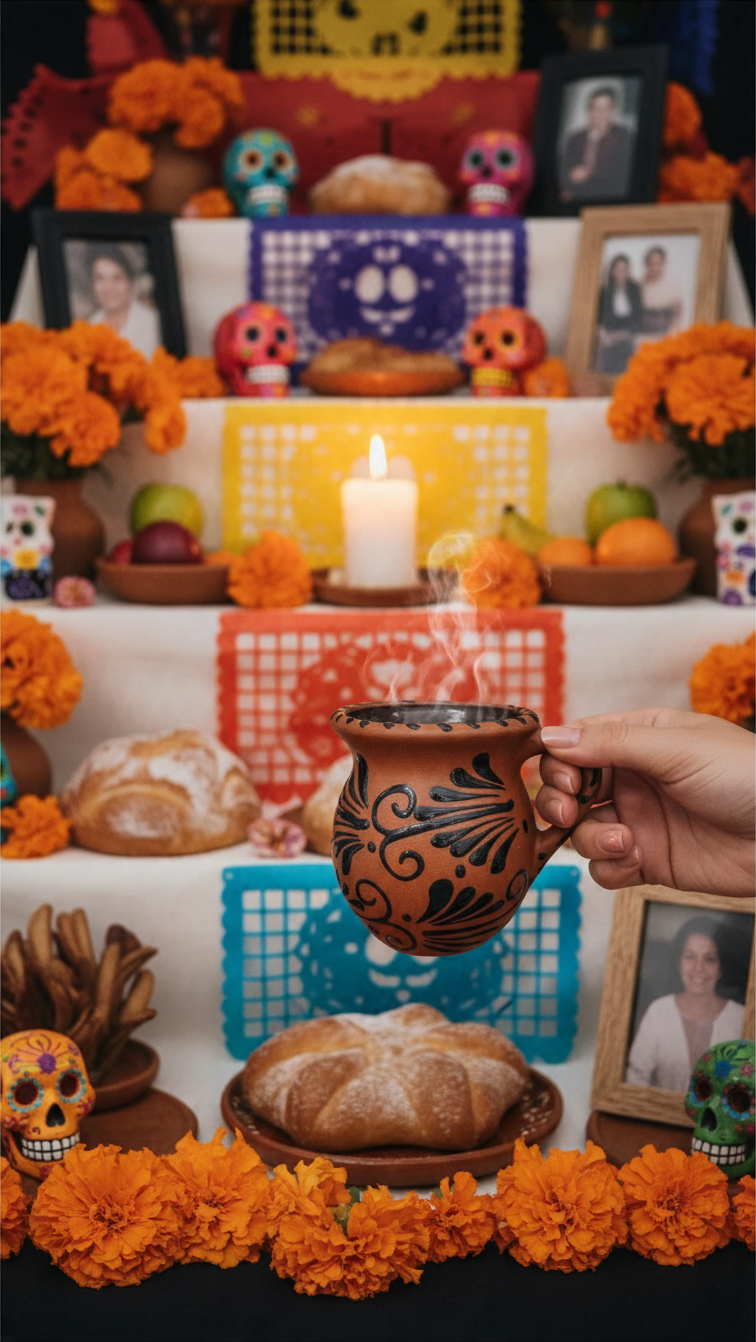 The Vela Lady handmade Mexican barro mug candle with black espiga design held in front of a traditional ofrenda.