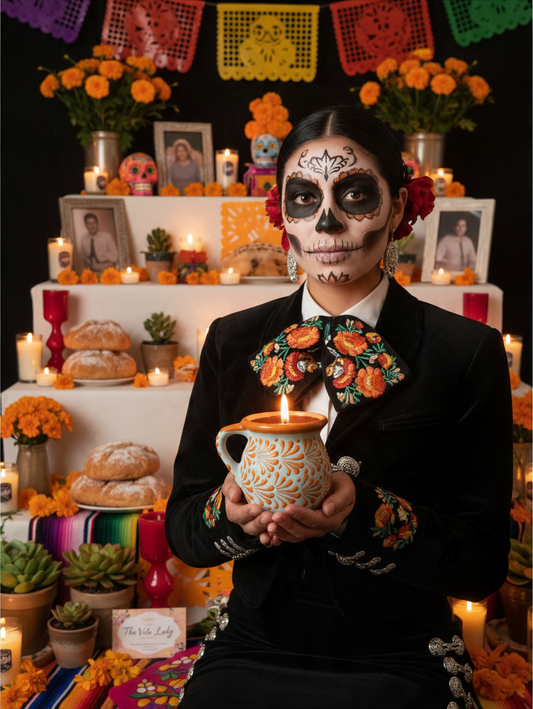 The Vela Lady orange taza mug candle held by a woman in traditional Day of the Dead makeup and charro attire.