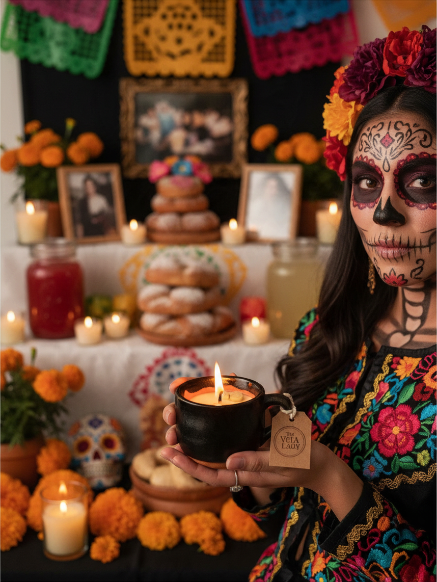 The Vela Lady Papacito Collection soy candle in a black Mexican barro tazita mug held by a woman in sugar skull makeup