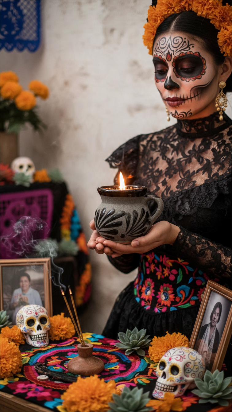 The Vela Lady Papacito Collection soy candle in a handmade gray Mexican barro tazita mug held by a woman in Catrina makeup