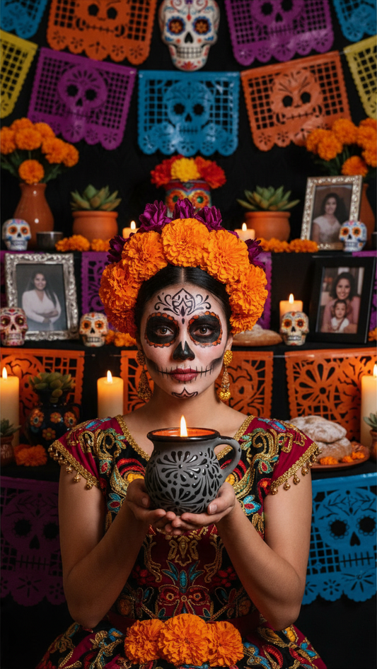 The Vela Lady Papacito Collection black on gray handmade Mexican barro mug candle held by a woman in Catrina makeup.