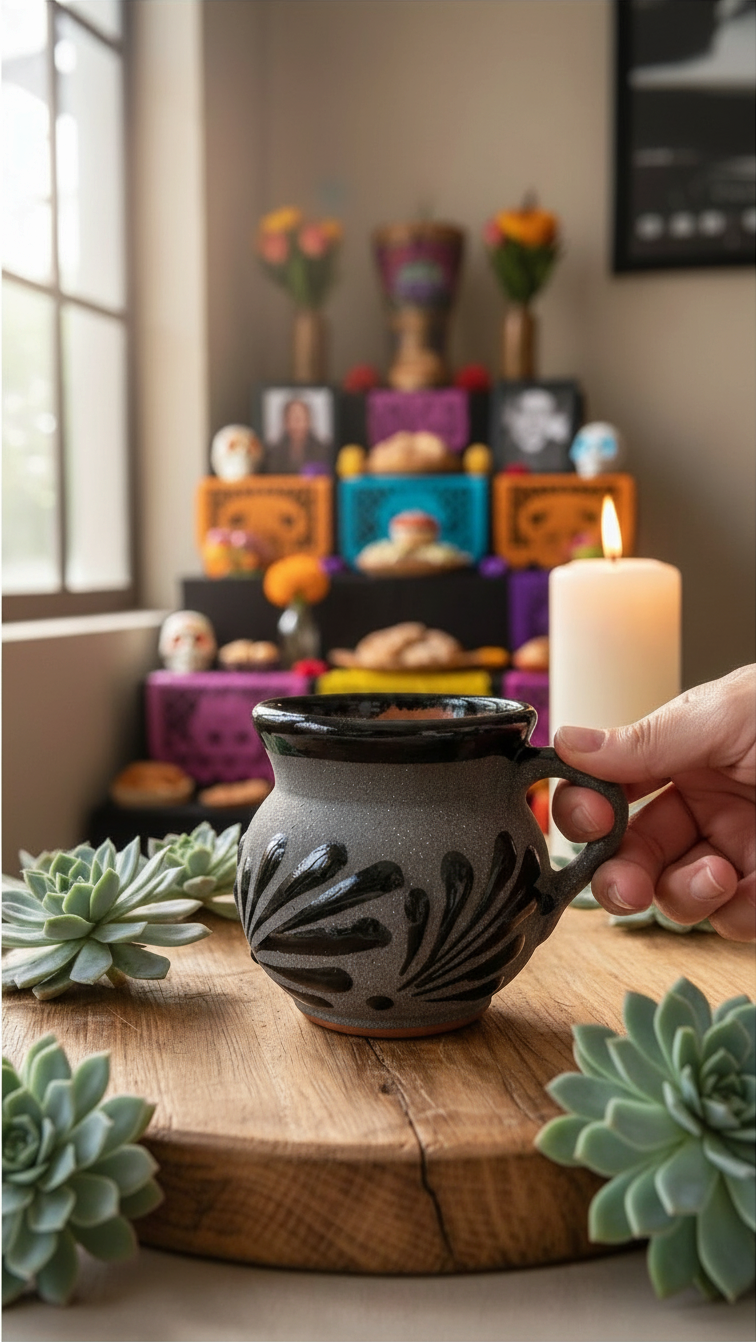 The Vela Lady Papacito Collection handmade gray and black Mexican barro tazita candle on a wooden board with succulents