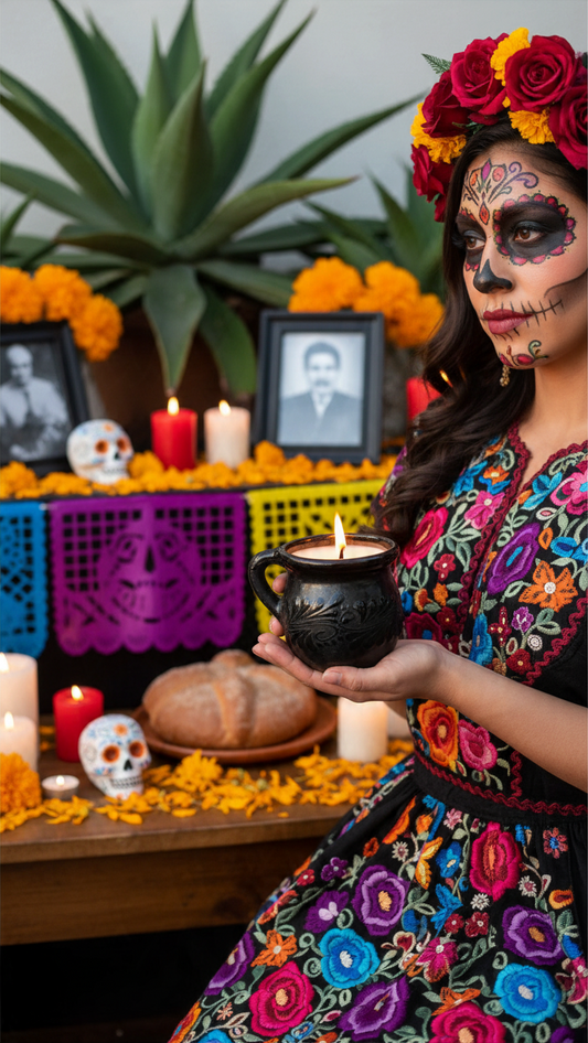 The Vela Lady Papacito Collection black Mexican barro mug candle held by a woman in traditional Dia de los Muertos attire