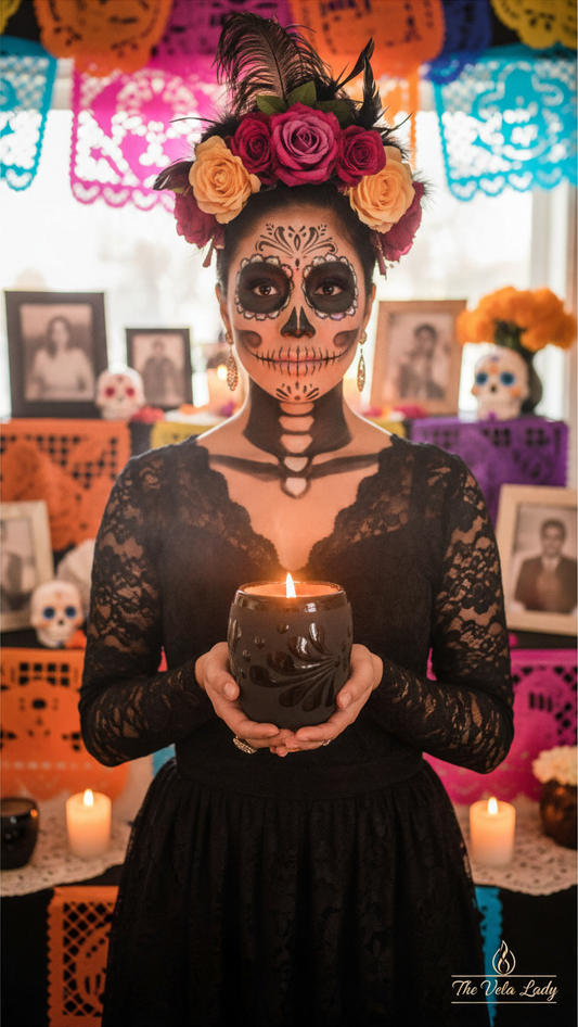 The Vela Lady Papacito Collection black soy wax candle held by a woman in Day of the Dead makeup and floral headpiece