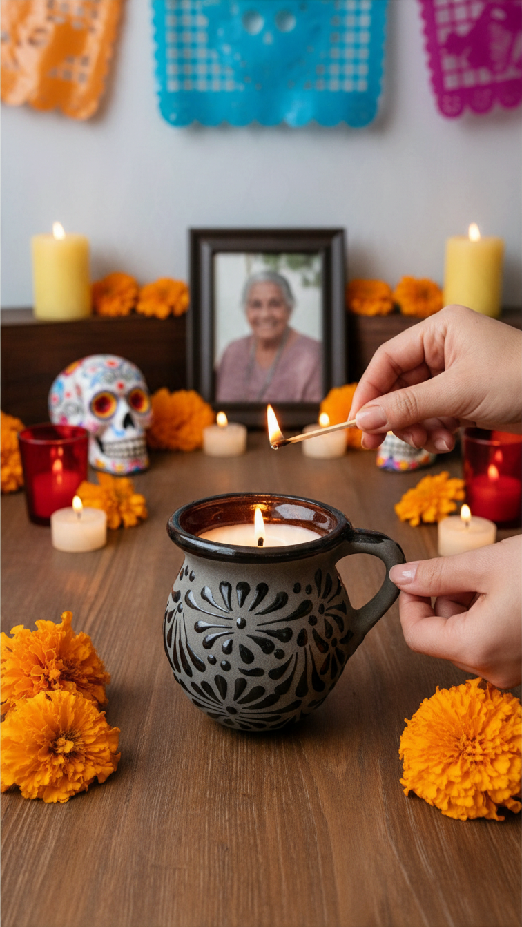 The Vela Lady Papacito Collection gray ceramic taza mug candle with black floral pattern on a marigold-decorated altar