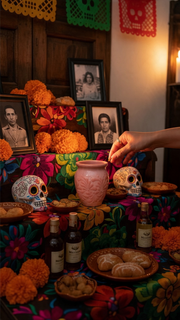 The Vela Lady pink handmade Mexican barro cantarito candle displayed on a vibrant floral altar with sugar skulls.