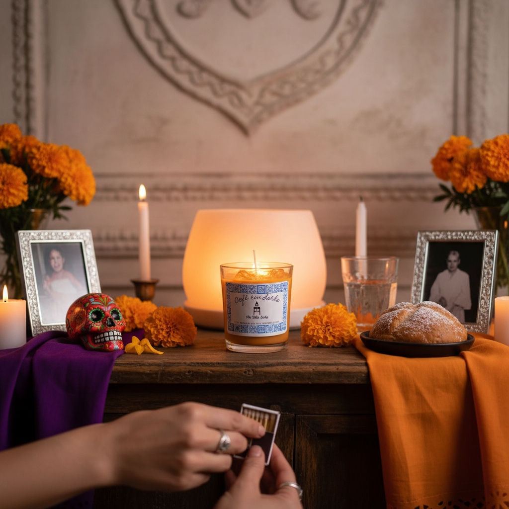 The Vela Lady soy wax candle on a Dia de los Muertos altar with marigolds, sugar skull, and framed photos.