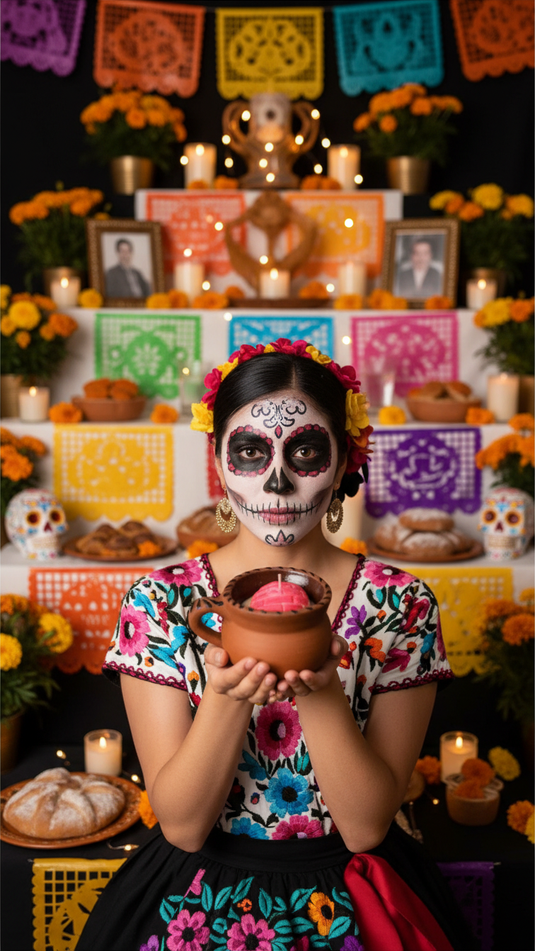 The Vela Lady Taza collection candle in a handmade Mexican barro mug held by a woman in traditional Day of the Dead makeup