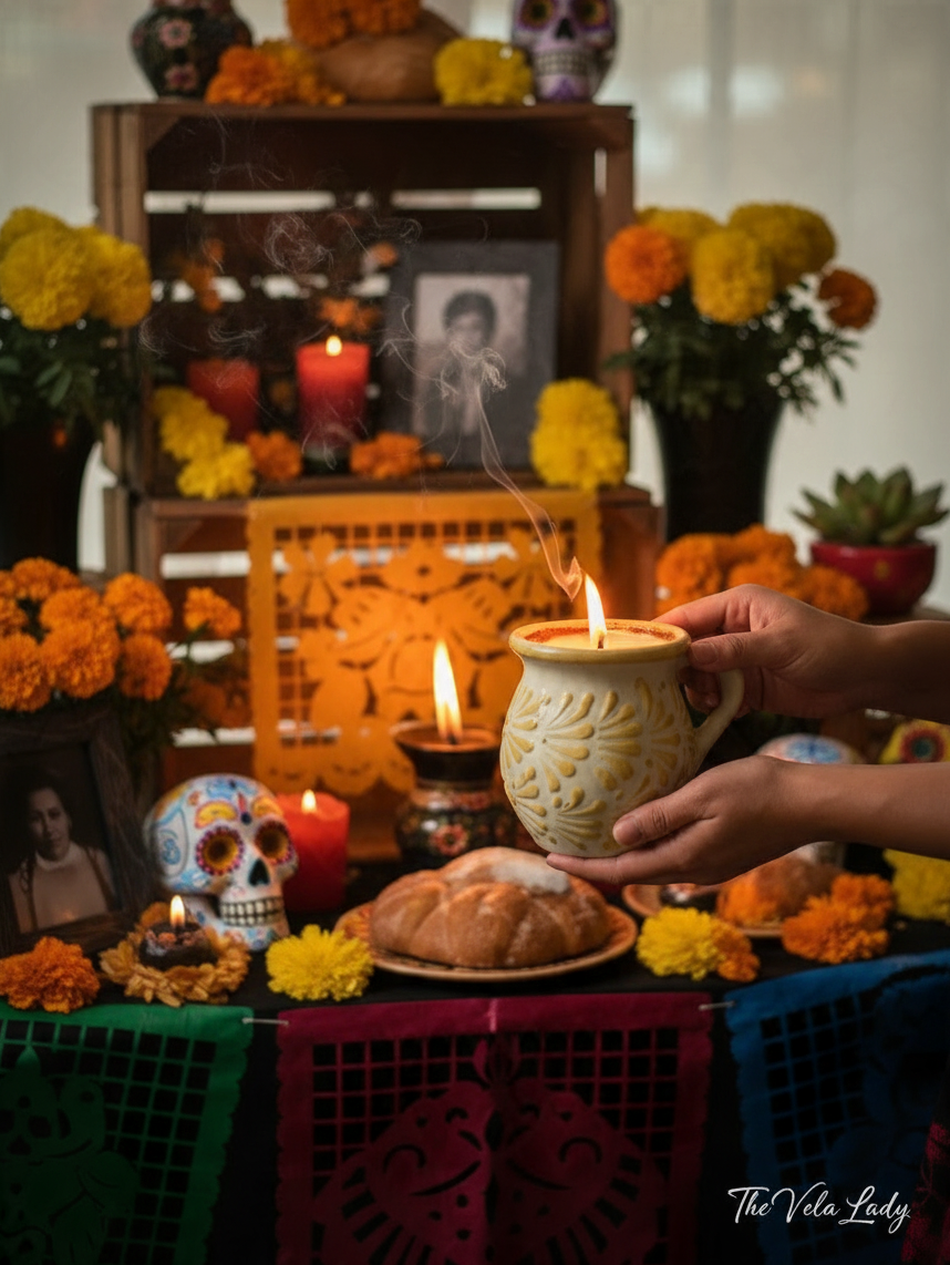 The Vela Lady yellow handmade Mexican barro mug candle with Mangoneada scent held in front of a Day of the Dead altar.